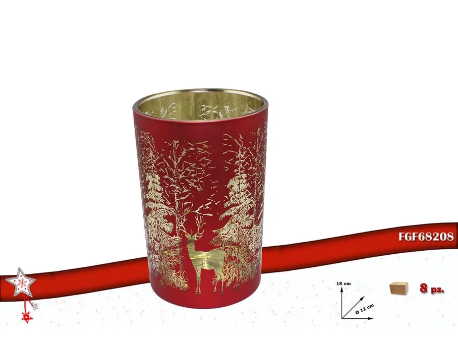 Portacandele Natalizio in vetro Rosso con Decorazioni dorate