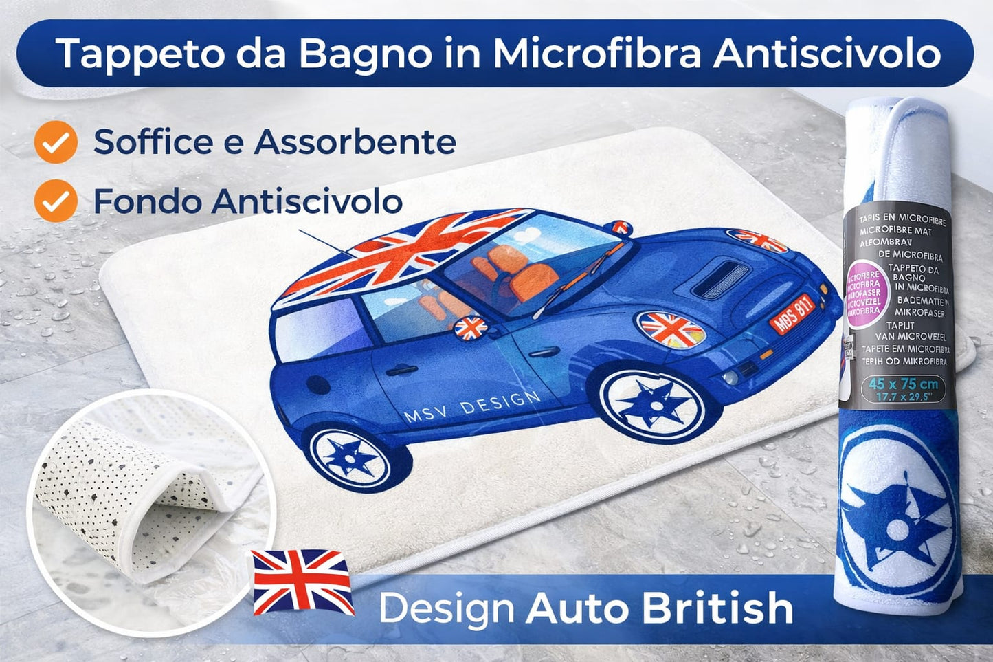 Tappeto da Bagno in Microfibra Antiscivolo – Design Auto British 45 x 75 cm