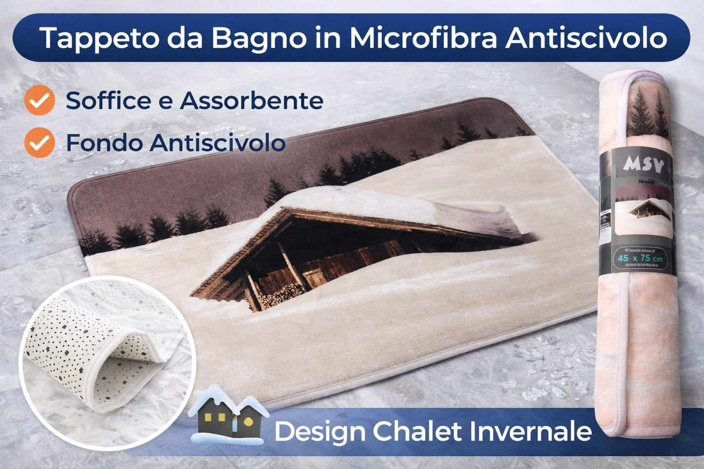 Tappeto da Bagno in Microfibra Antiscivolo – Design Chalet Invernale 45 x 75 cm