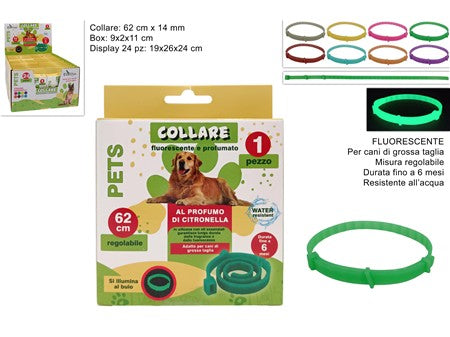 COLLARE ALLA CITRONELLA FLUORESCENTE PER ANIMALI 62CM COL.ASS. INDISPLAY F02