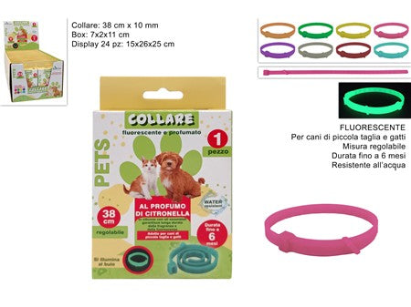 COLLARE ALLA CITRONELLA FLUORESCENTE PER ANIMALI 38CM COL.ASS. INDISPLAY F03