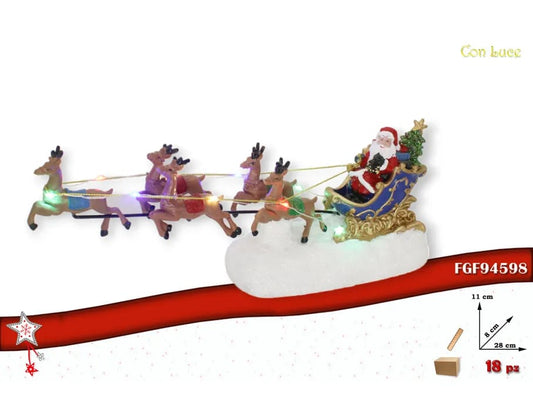 Babbo Natale con slitta e 4 renne realistiche con luci