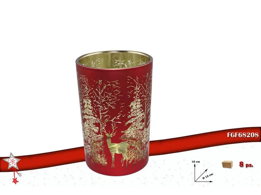 Portacandele Natalizio in vetro Rosso con Decorazioni dorate
