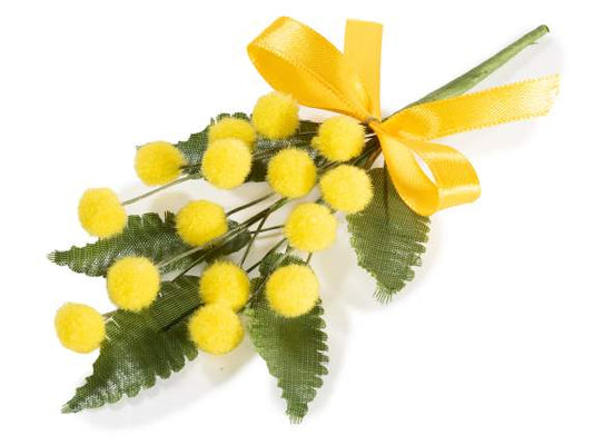 Mazzolino di mimosa artificiale con fiore lanoso e nastrino