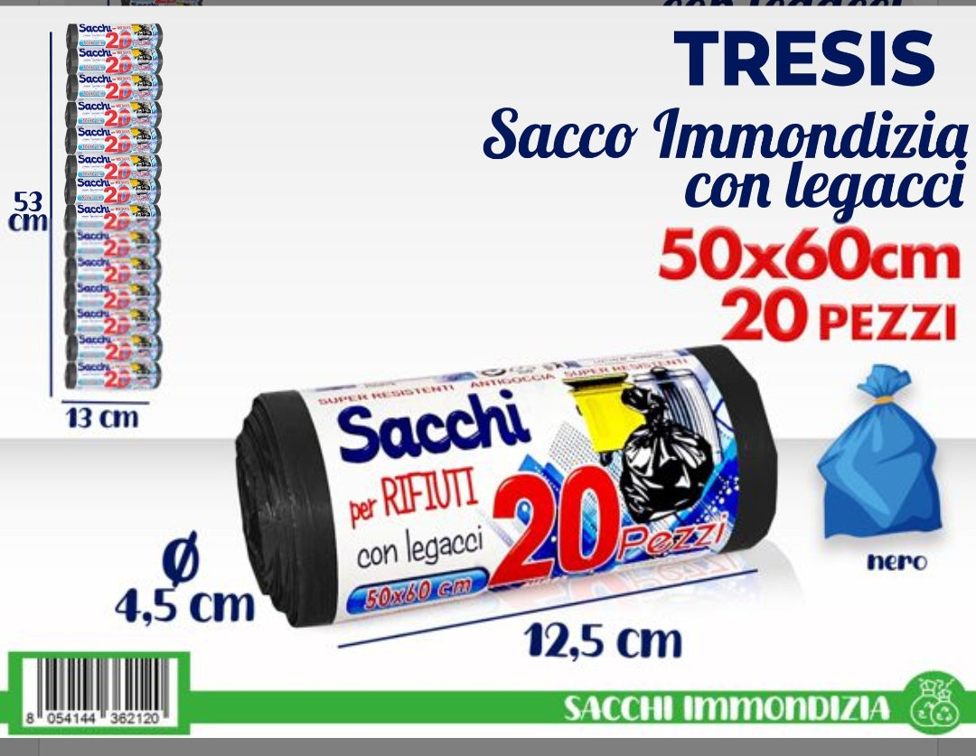 20 Sacco immondizia Nero con legacci 50x60 cm