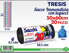 20 Sacco immondizia Nero con legacci 50x60 cm