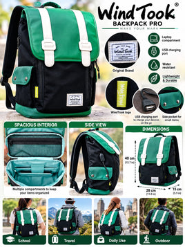 Zaino WindTook Daypack WT-W109 – Nero e Verde con porta USB